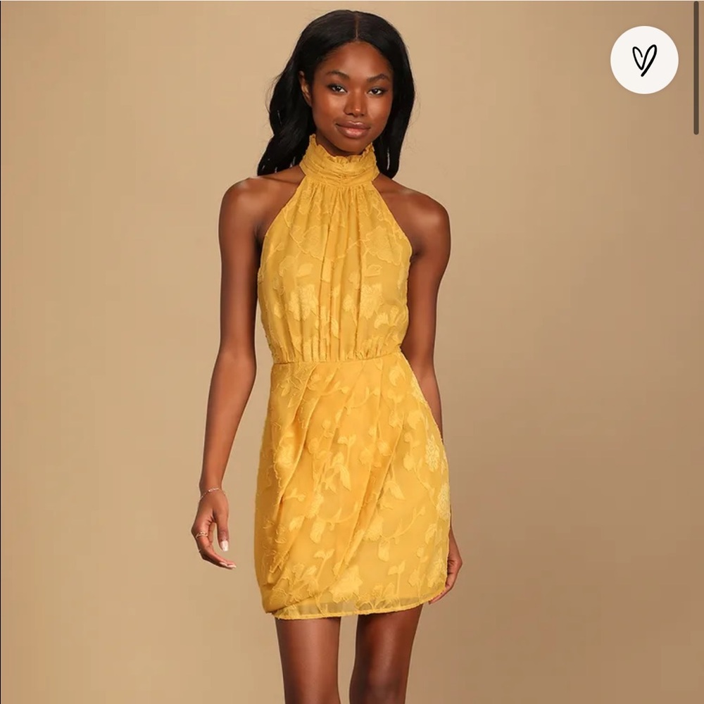 Lulus Yellow Floral Jacquard Halter Mini Dress